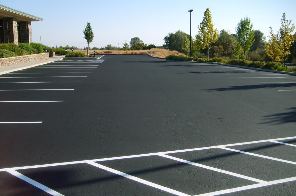 Large commercial parking lot with freshly painted white parking stripes and trees in the background